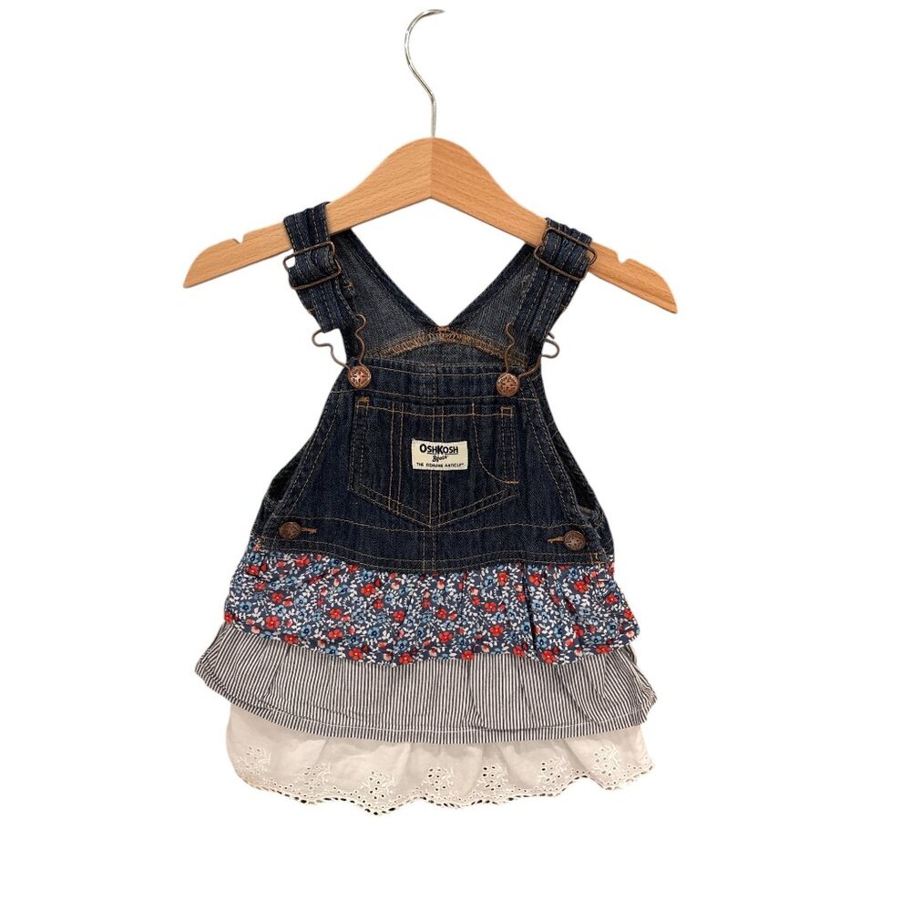 Oshkosh Bgosh Girls Denim Vestbak Dress Lot Of 2 Floral & Eyelet Ruffle Skirts S